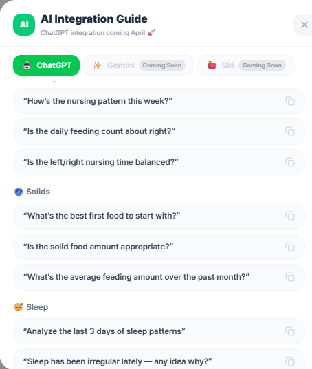 BabySync ChatGPT integration - AI analyzing real baby sleep and feeding patterns