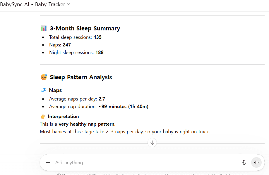 ChatGPT analyzing 3 months of baby sleep data from BabySync - sleep regression detection and pattern analysis