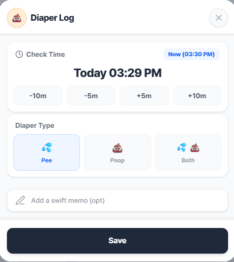 BabySync diaper registration screen - simple one-tap button interface for quick logging